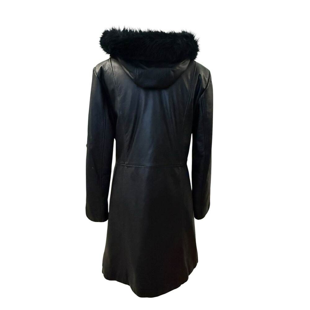 Vintage Wilsons Leather Maxima Black Leather Faux Fur Hood Toggle Coat M - Picture 8 of 16